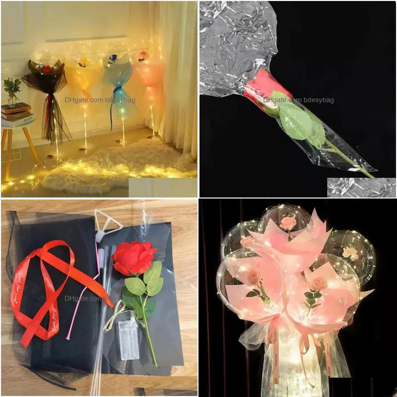 Decorative Flowers & Wreaths Valentine Party Balloons Transparent Luminous Bobo With Rose Flower For Wedding Anniversary Birthday Banq Dhgcx