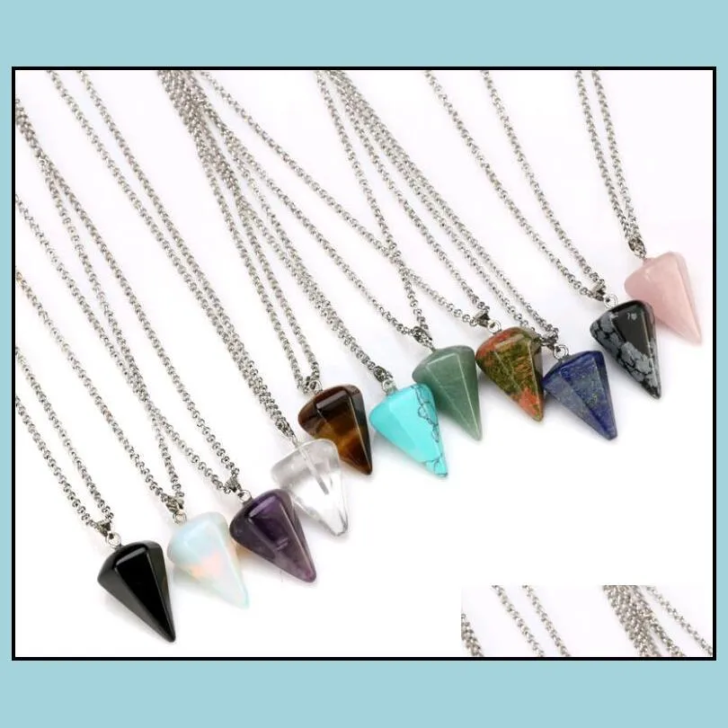 Pendant Necklaces Wholesale Natural Stone Crystal Pendant Male Necklace Designs Hexagonal Pointed Cone Reiki Chakra Jewelry For Women Dhhw1