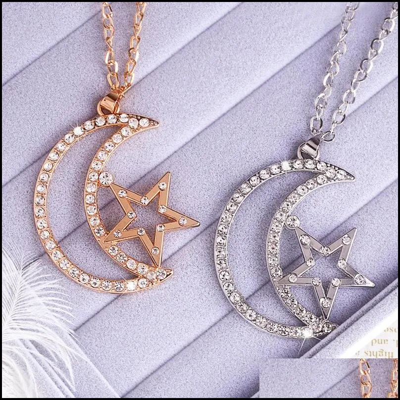 Pendant Necklaces Moon Star Pendant Necklace Color Sier Gold Lovers Engagement Jewelry Rhinestone Necklaces Drop Delivery Jewelry Neck Dh5Z1