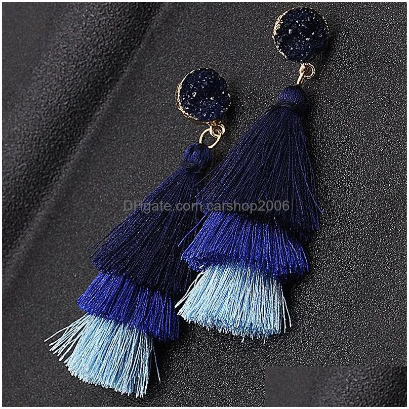 bohemia multilayer tassel druzy drusy earrings gold plated geometry faux natural stone resin dangle earrings for women jewelry