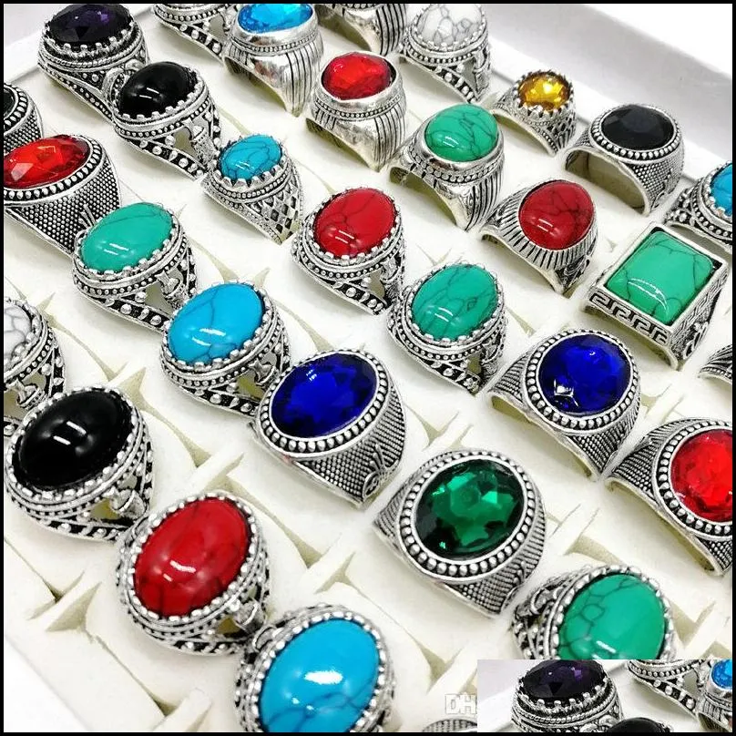 Band Rings New 30Pcs/Pack Turquoise Band Rings Mens Womens Fashion Jewelry Antique Sier Vintage Natural Stone Ring Drop Delivery Jewel Dhidw
