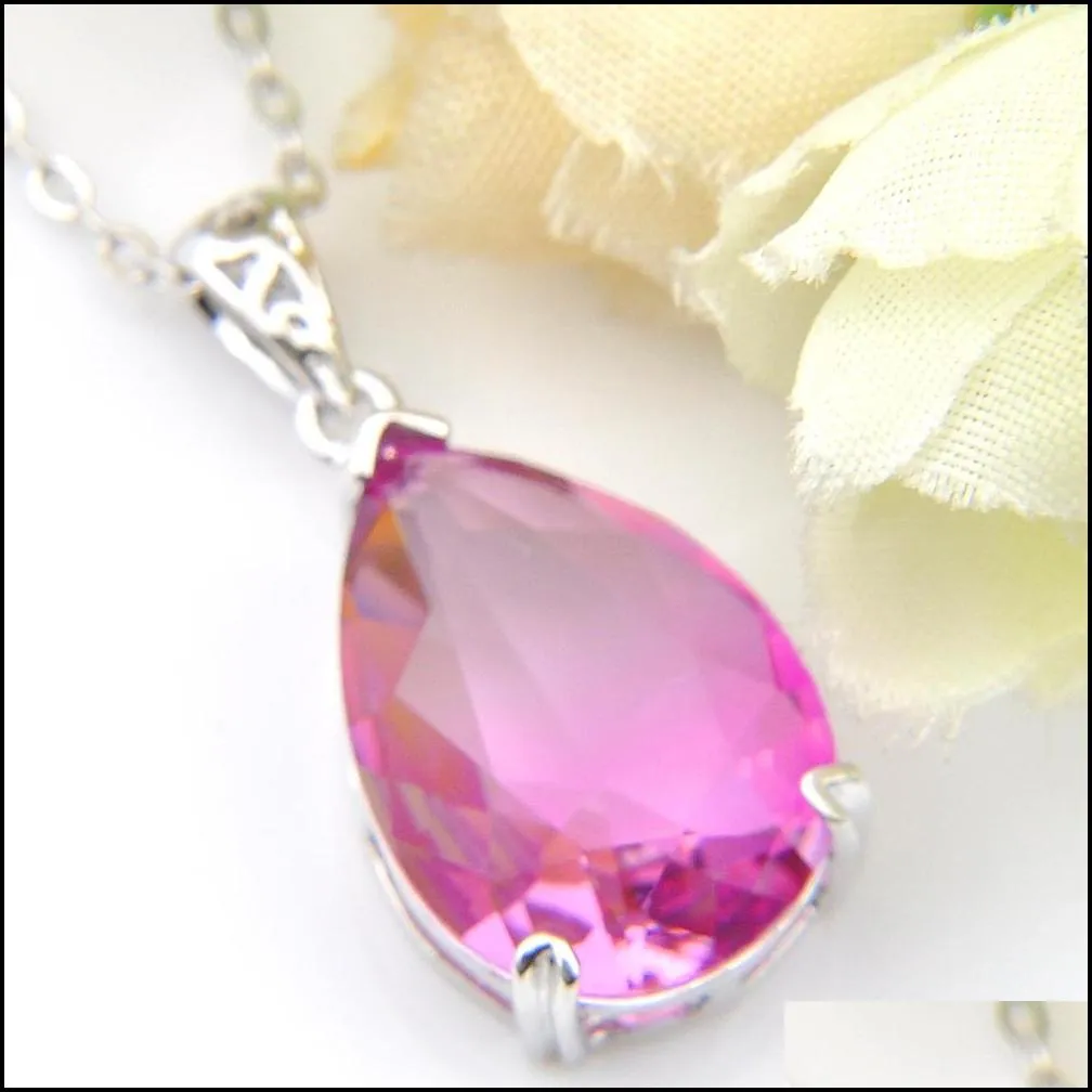 Pendant Necklaces Mix 5Pcs Rainbow New Luckyshine 925 Sterling Sier Drop Oval Bi-Colored Pink Tourmaline Gemstone Necklaces Pendants F Dhilb