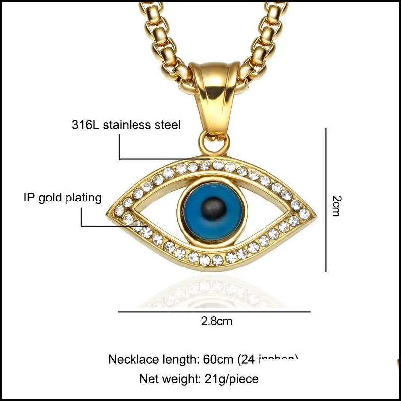 316l stainless steel men iced out blue eye of god pendant necklaces with zircon fashion long chain hip hop men jewelry