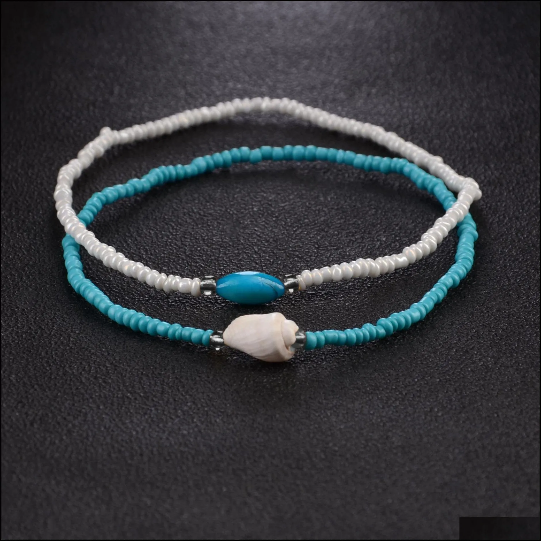 Anklets Adjustable Blue White Beads Anklets For Women Natural Shell Conch Leg Foot Bracelet Bohemian Sandal Drop Delivery Jewelry Dhyvx