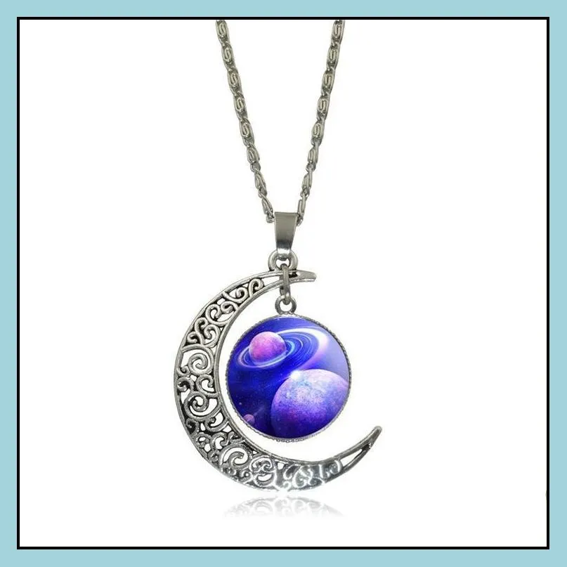 charms necklaces fine jewelry glassgalaxy love pendant summer beach statement silver long chain alloy hollow moon pendant necklace