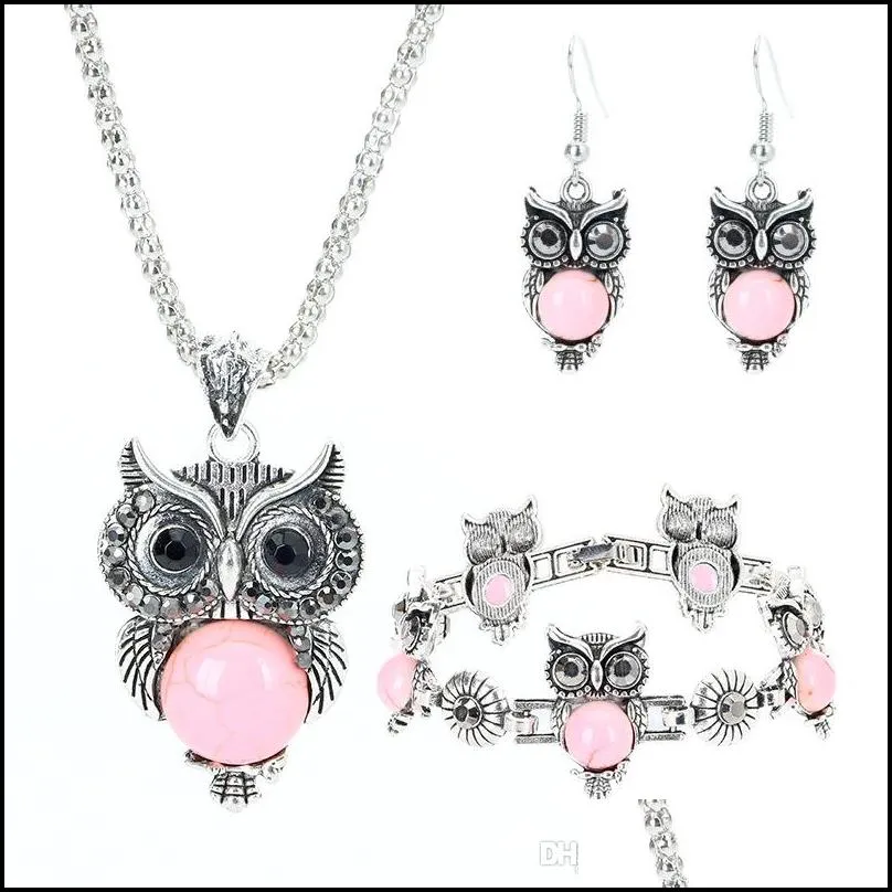 Other Jewelry Sets Fashion 10Pcs/Lot Classical Owl Turquoise Jewelry Sets 3 Piece Set Vintage Bohemia Style Bracelet Pendant Necklace Dhe1C