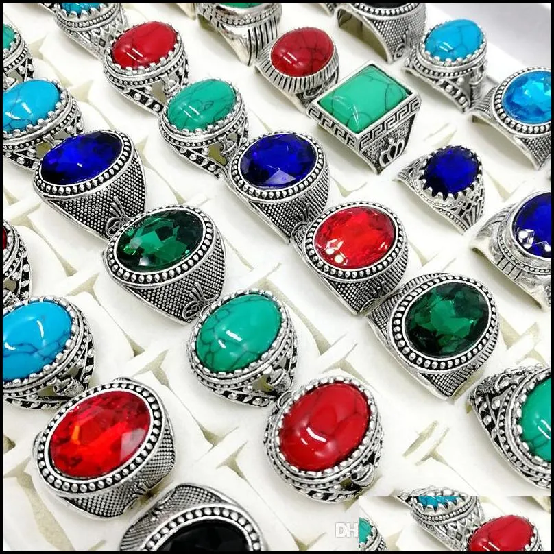 Band Rings New 30Pcs/Pack Turquoise Band Rings Mens Womens Fashion Jewelry Antique Sier Vintage Natural Stone Ring Drop Delivery Jewel Dhidw