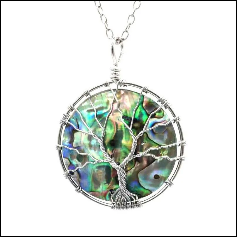 copper wire winding life tree abalone shell necklace energy stone necklace