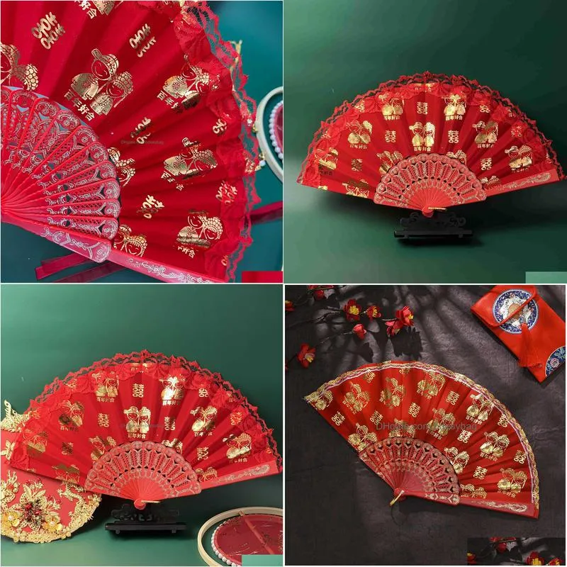 Chinese Style Products Chinese Style Products Wedding Fan Red Veet Golden Tone Print Bride And Groom Happy Marriage Glitter Hand Home Dhvqz