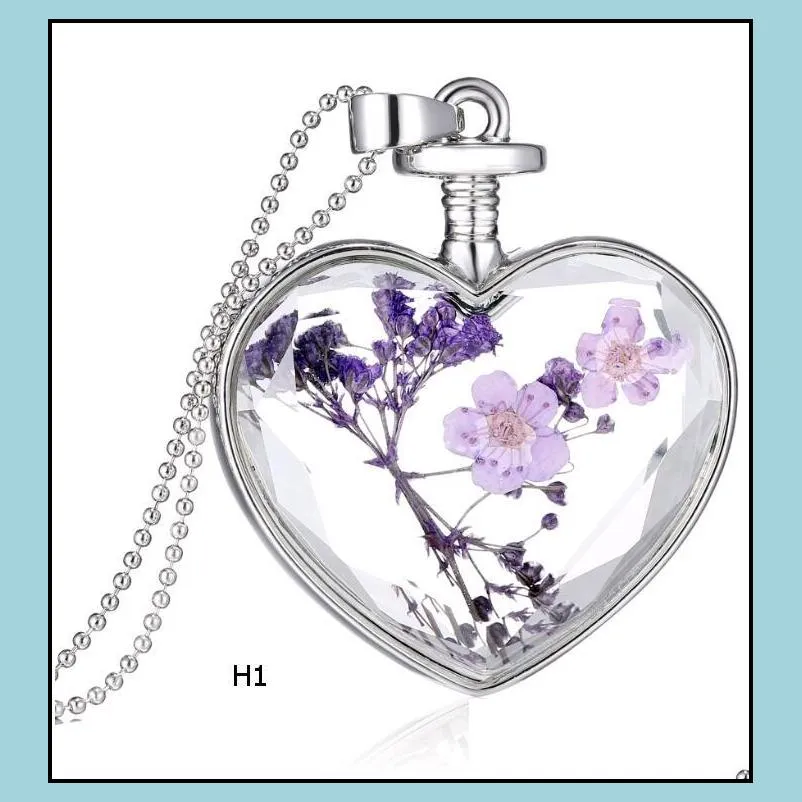 Pendant Necklaces Love Heart Pendant Necklace Crystal Dried Flower Inside Korean Style Plants Blossom Neck Chain Jewelry For Valentine Dh8Da