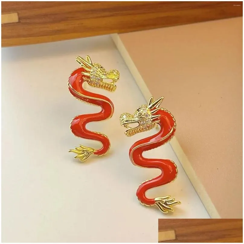 Stud Earrings Retro Chinese Style Red Zodiac Sign Dragon Temperament Light Luxury High-end Sense Personalized Painting Oil Female