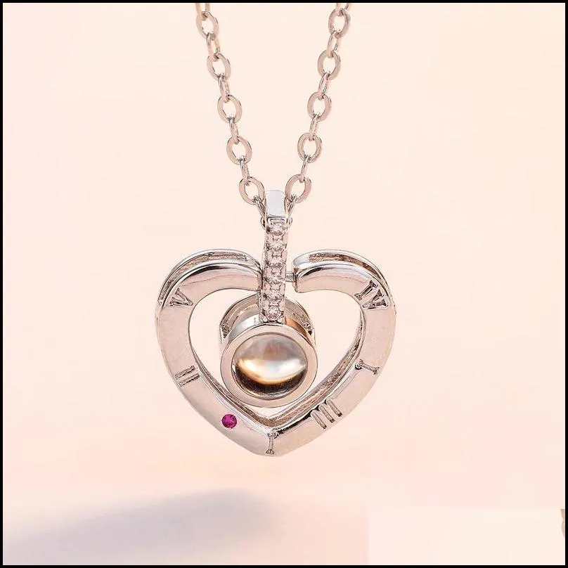 heart necklace romantic women jewelry love memory necklace 100 languages i love you double heart zircon pendant necklaces