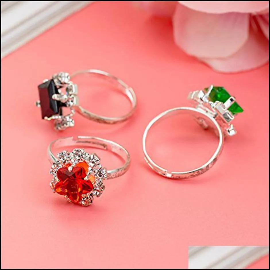 Band Rings 36Pcs Colorf Rhinestone Gem Rings In Box Adjustable Little Girl Jewel Children Kids Gift Pre316T Drop Delivery Jewelry Ring Dhjkx