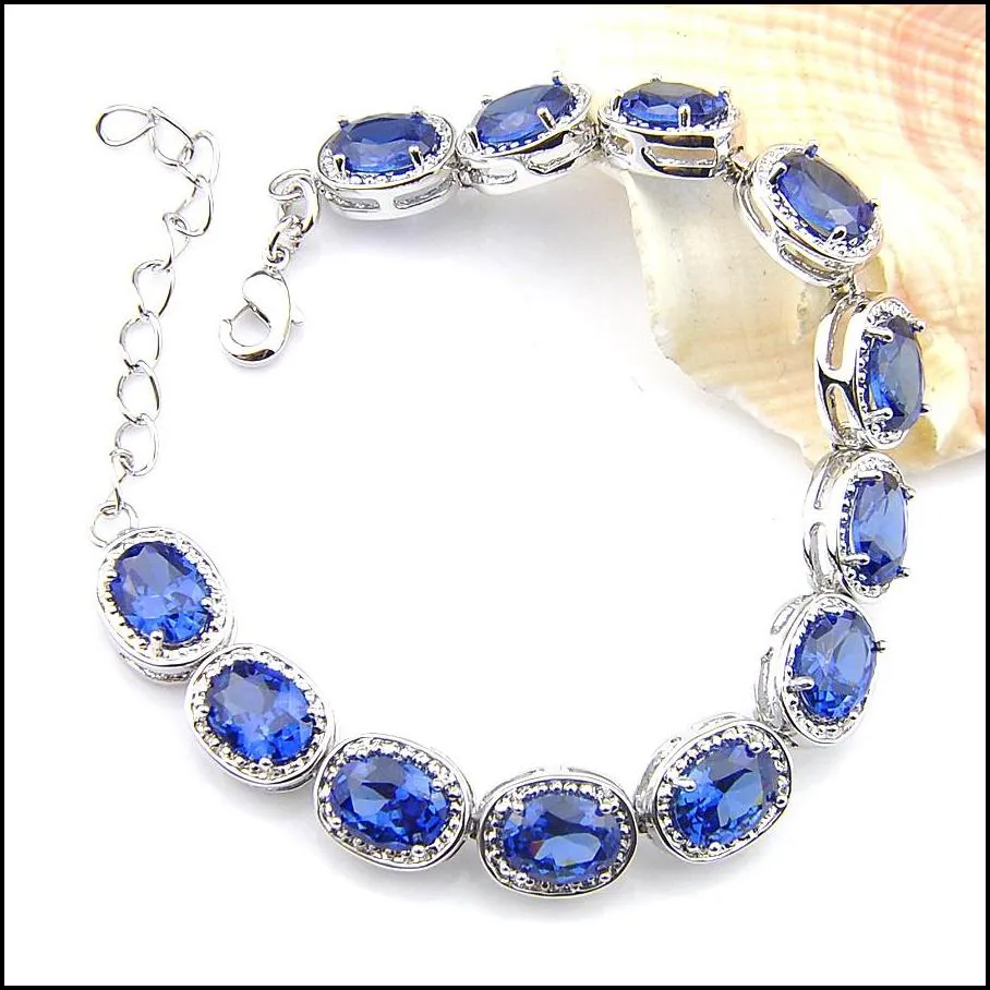 Bracelet, Earrings & Necklace Halloween Gift Stud Earrings Pendants Bracelet 3Pcs Jewelry Sets Oval Blue Topaz 925 Sier Necklaces Fash Dhlhj
