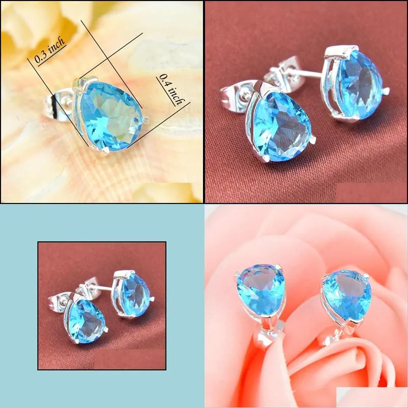 Stud 12 Pairs/1 Lot New Women Jewelry Blue Water Drop Topaz Gems Stud Earrings 925 Sier Zircon Drop Delivery Jewelry Earrings Dhpqb