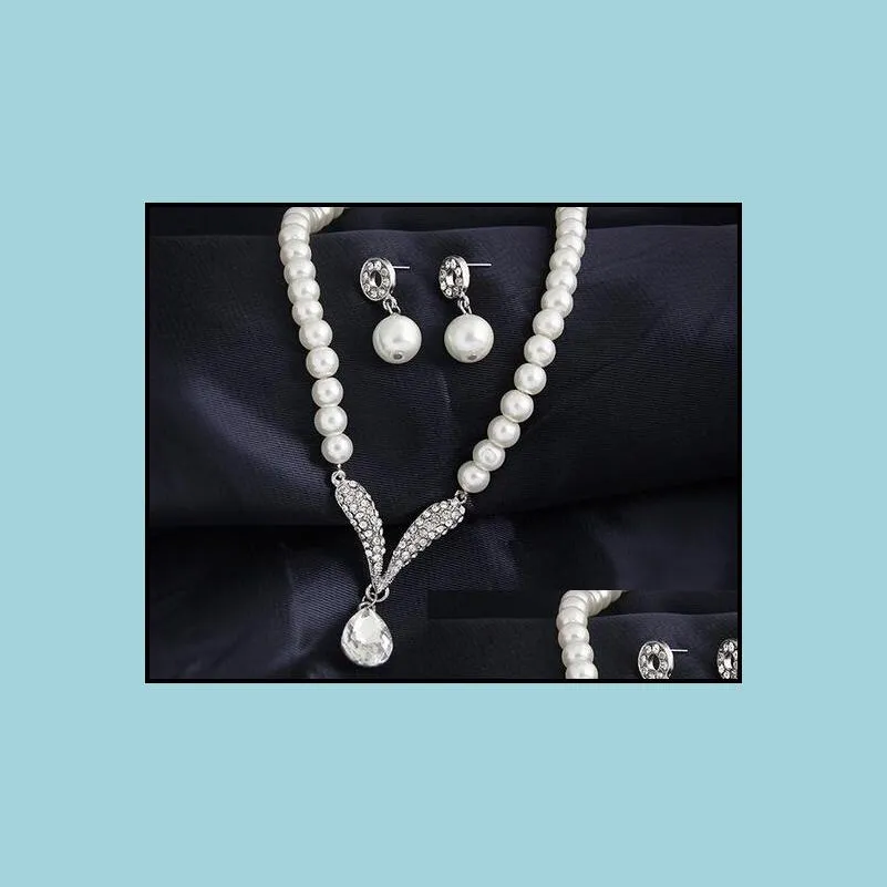 bridesmaid jewelry set for wedding crystal rhinestone tear drop-shaped fashion jewelry pearl necklace pendants earring party jewelry