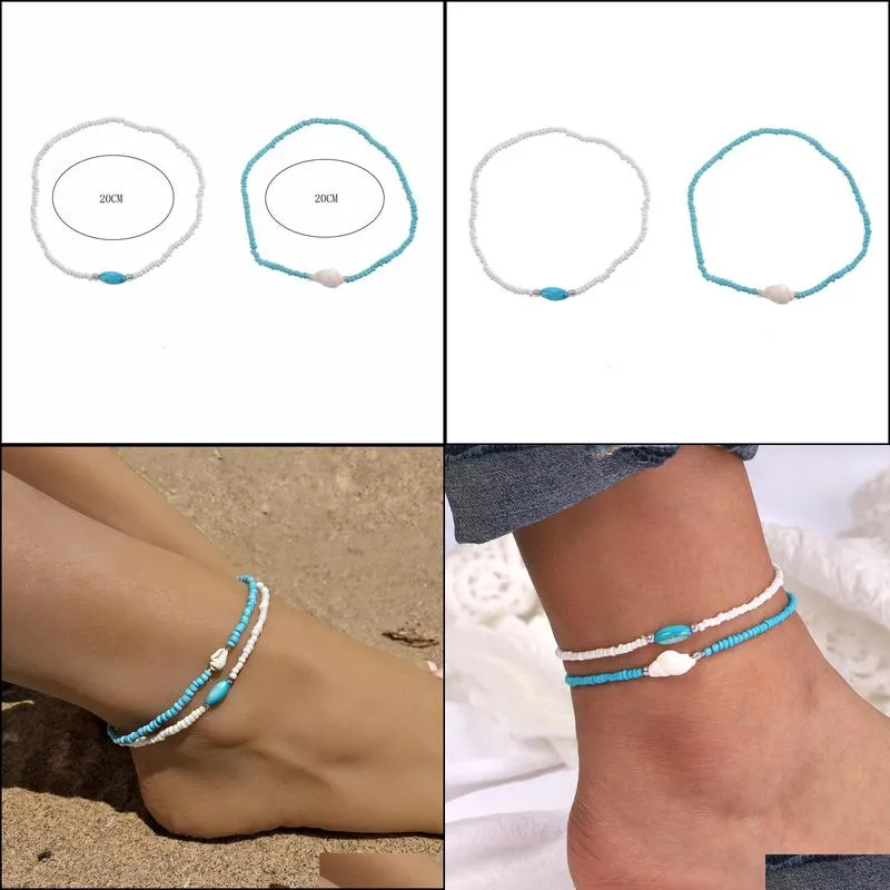 Anklets Adjustable Blue White Beads Anklets For Women Natural Shell Conch Leg Foot Bracelet Bohemian Sandal Drop Delivery Jewelry Dhyvx