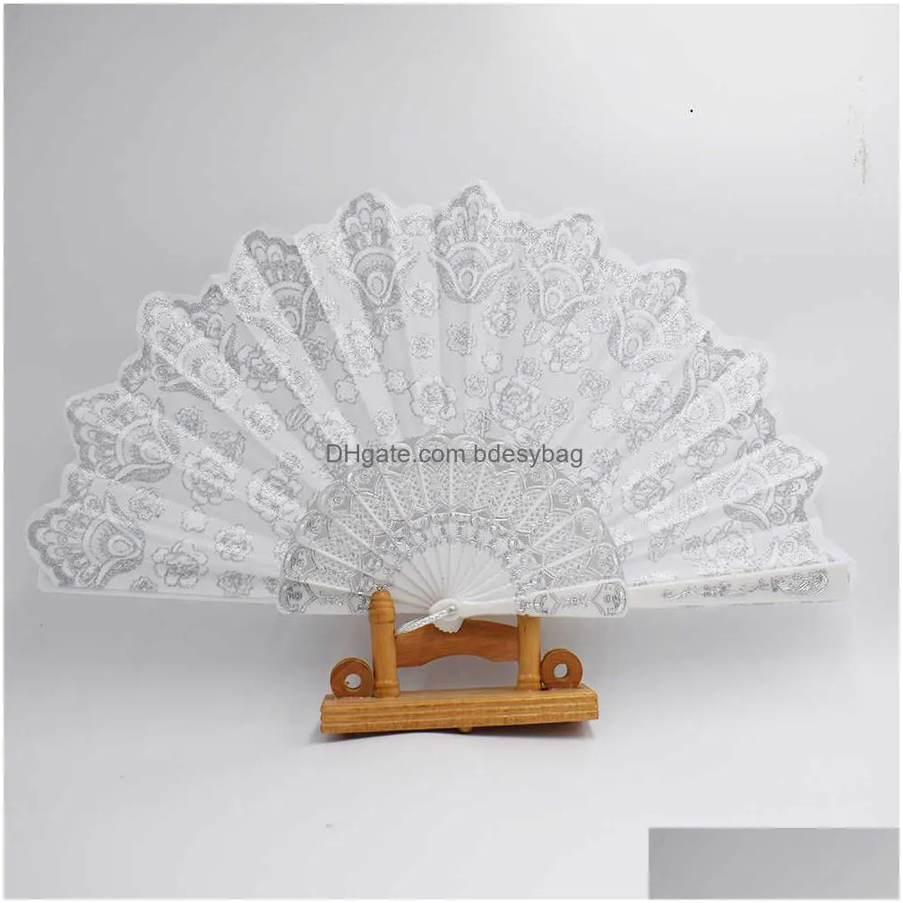 Chinese Style Products Chinese Style Products White Spanish Glitter Luxury Foldable Cloth Dance Hand Fans With Flowers For Home Weddin Dhauk