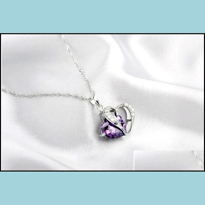 Pendant Necklaces Amethyst Necklace Fashion Elegant Crystal Rhinestone Peach Heart Pendant Copper Jewelry Design For Women Factory Dro Dhkex