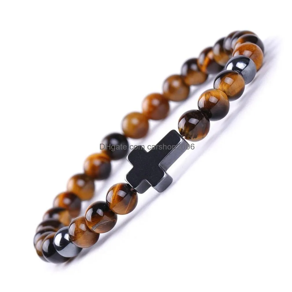 triple protection bracelet bring luck 6mm 8mm natural hematite tiger eye stone beads women men cross bracelets