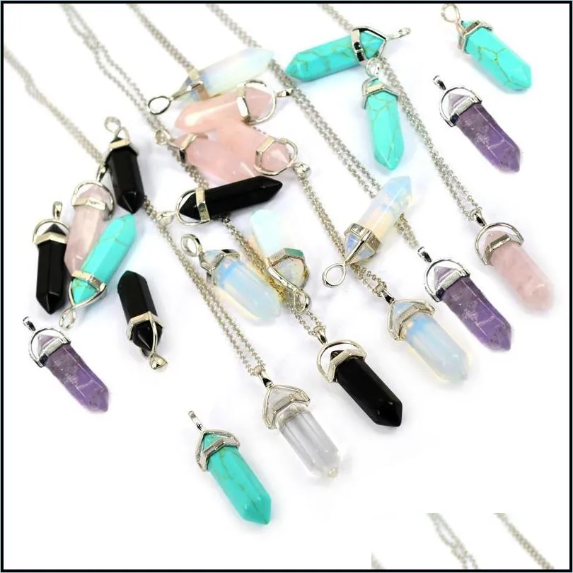 bullet shape real amethyst natural crystal quartz healing point chakra bead gemstone opal stone pendant chain necklaces jewelry