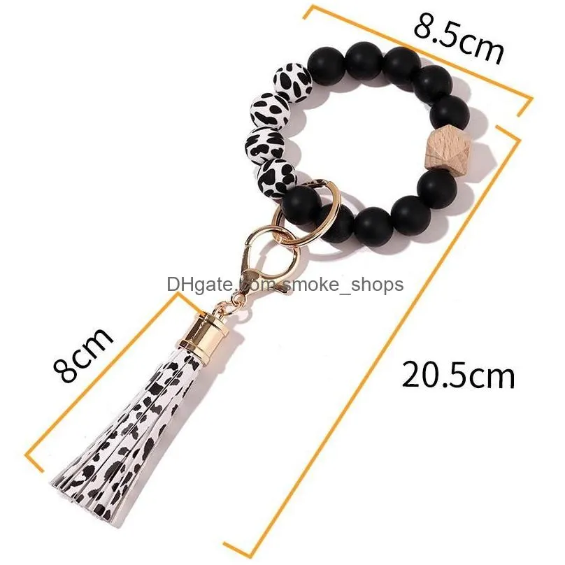 party favor party silicone wooden beads keychain suede tassel bracelet keyring anti-lost bangle key ring for home wood beaded crafts car decoration pendant