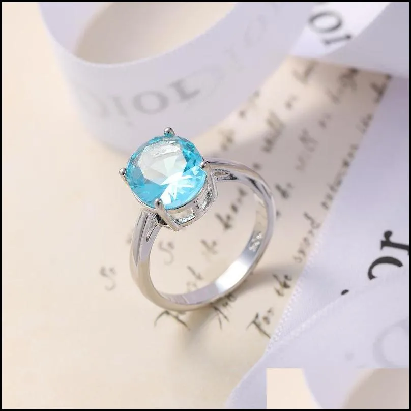 Solitaire Ring Luckyshine Selling 6Pcs/Lot 925 Sier Fashion Charms Men Women Wedding Rings Oval Cubic Zirconia Blue Diamond Gemstone D Dhx72