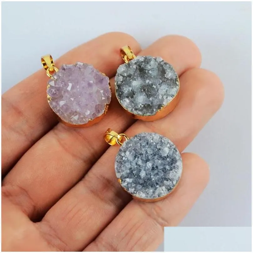 Pendant Necklaces Pendant Necklaces Borosa 5/10Pcs Mix Color Gold Plated Round Agate Druzy For Womens Earrings And Drop Delivery Jewel Dhtcm