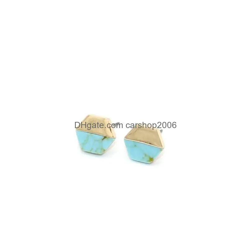 vintage gold color hexagon white green turquoise marble earrings natural stone stud earrings jewelry for women