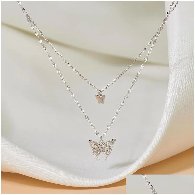 Pendant Necklaces Pendant Necklaces Fashion Shiny Butterfly Necklace For Women Exquisite Double Layer Clavicle Chain Rhinestone Party Dhaty