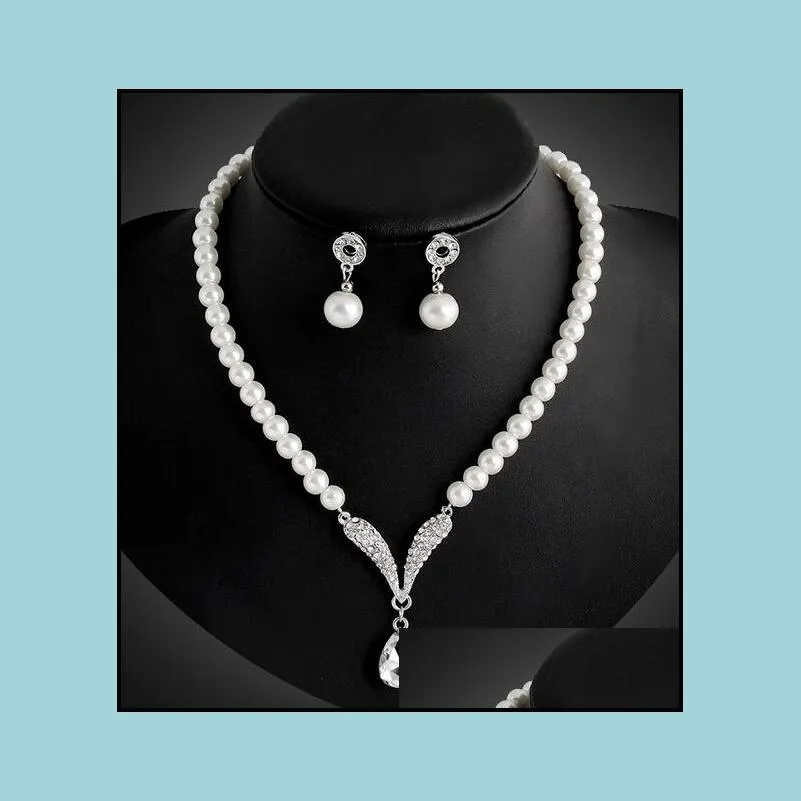 bridesmaid jewelry set for wedding crystal rhinestone tear drop-shaped fashion jewelry pearl necklace pendants earring party jewelry