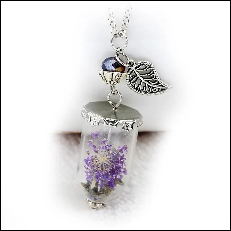 Pendant Necklaces Supernatural Angel Wing Leaf Rock Salt Bottle Protection Glass Real Dry Flower Necklace Drop Delivery Jewelry Neckla Dhhre