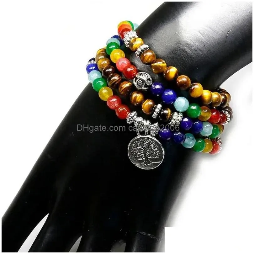 link bracelets nartrual 108 mala tiger eyes stone 7 chakra energy yoga bracelet for men and woman
