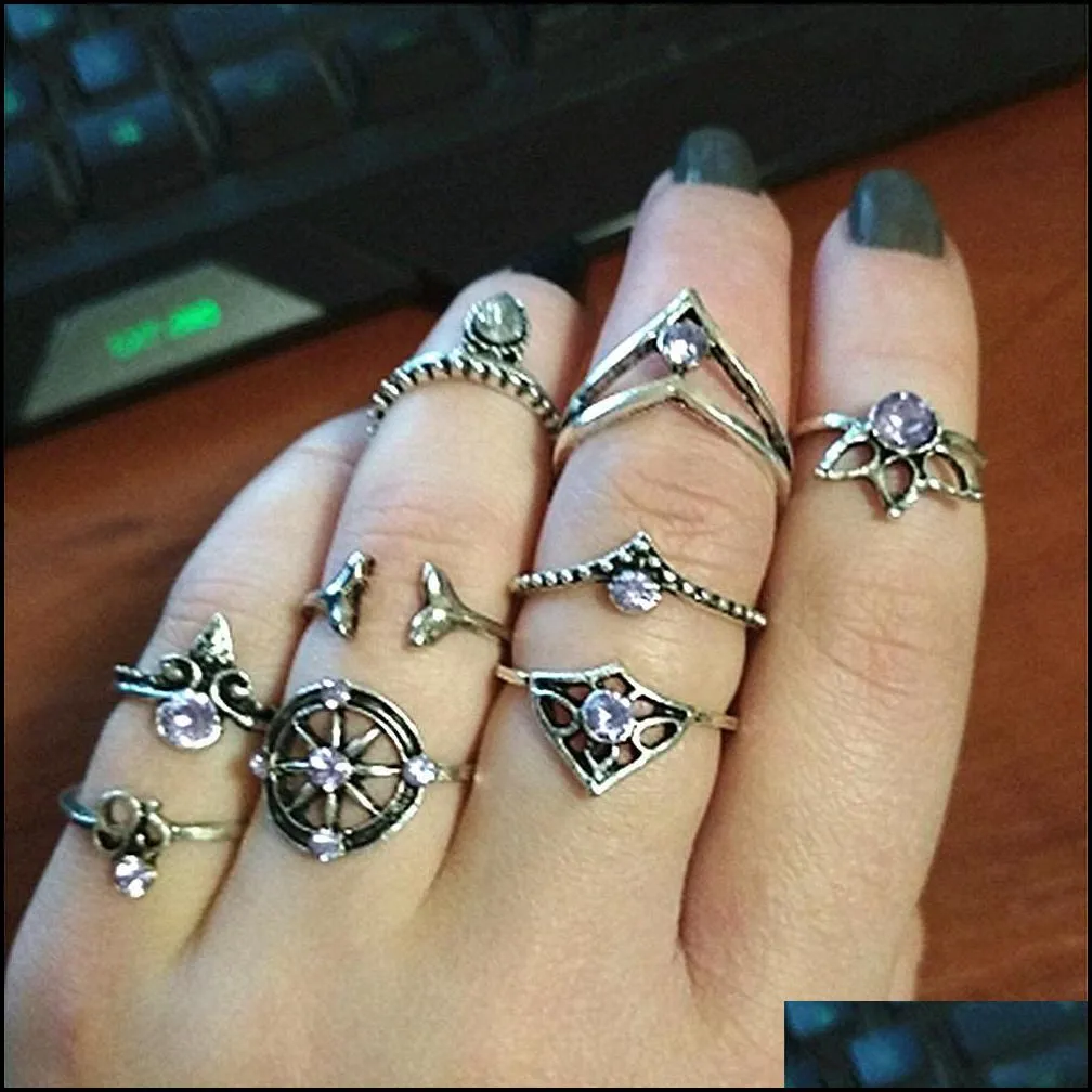 vintage punk knuckle rings boho midi ring set 9 pcs/set mermaid tail compass yoga hollow carved wedding ring set