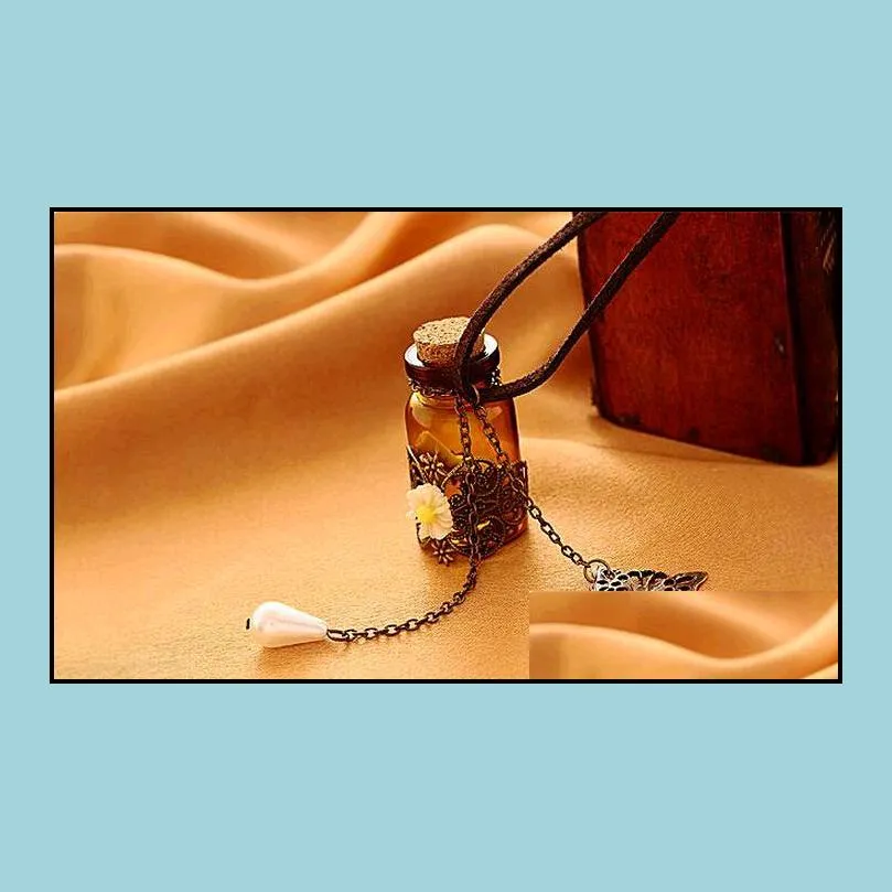 Pendant Necklaces Carve Patterns Or Designs E Rope Long Necklaces Sweater Chain Cork Retro Flower Wishing Bottle Pendants Jewelry For Dhikq