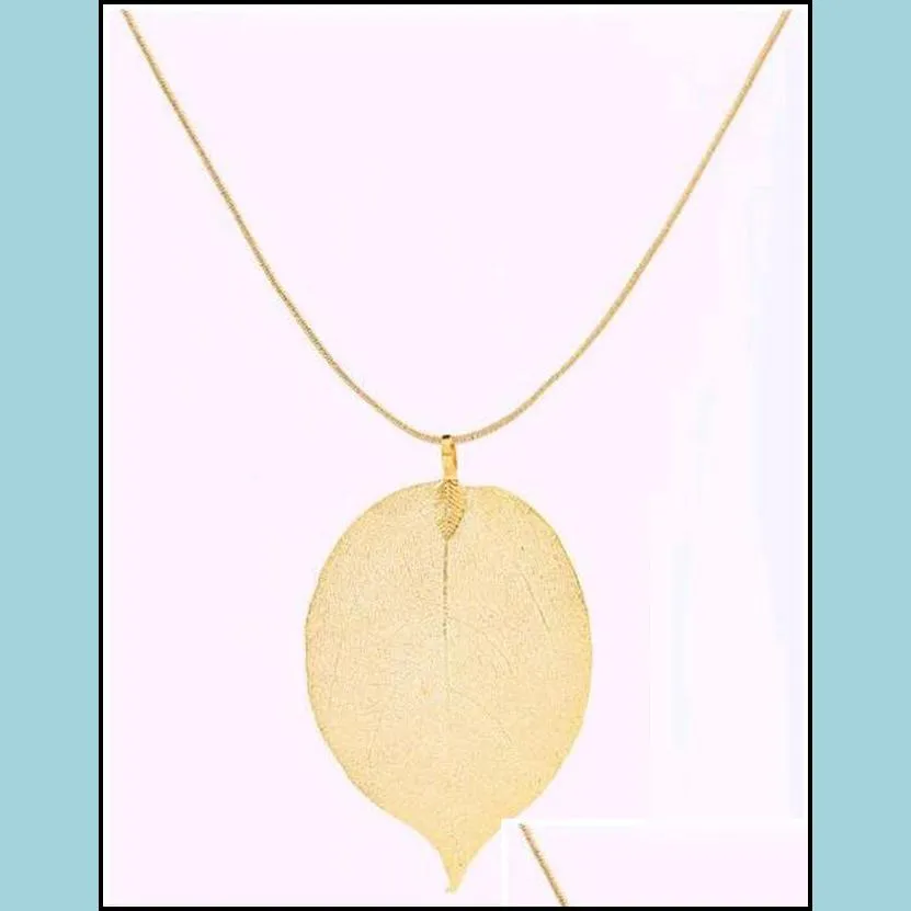 Pendant Necklaces Wholesale Summer Jewelry Fashion Europe Gold Leaf Long Necklaces Natural Real Leaves 24 Inches Chain Pendant Necklac Dhfjb