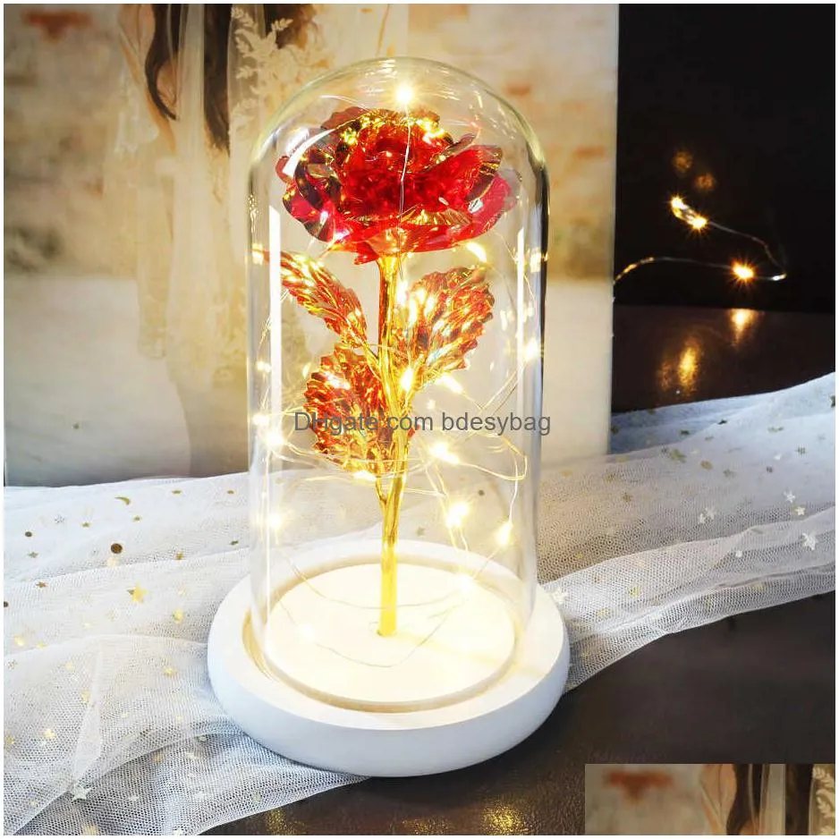 Decorative Flowers & Wreaths Valentine Gift Beauty Eternal Rose Led Light And Beast In Glass Dome Birthday For Valentines Day Drop Del Dhnx4