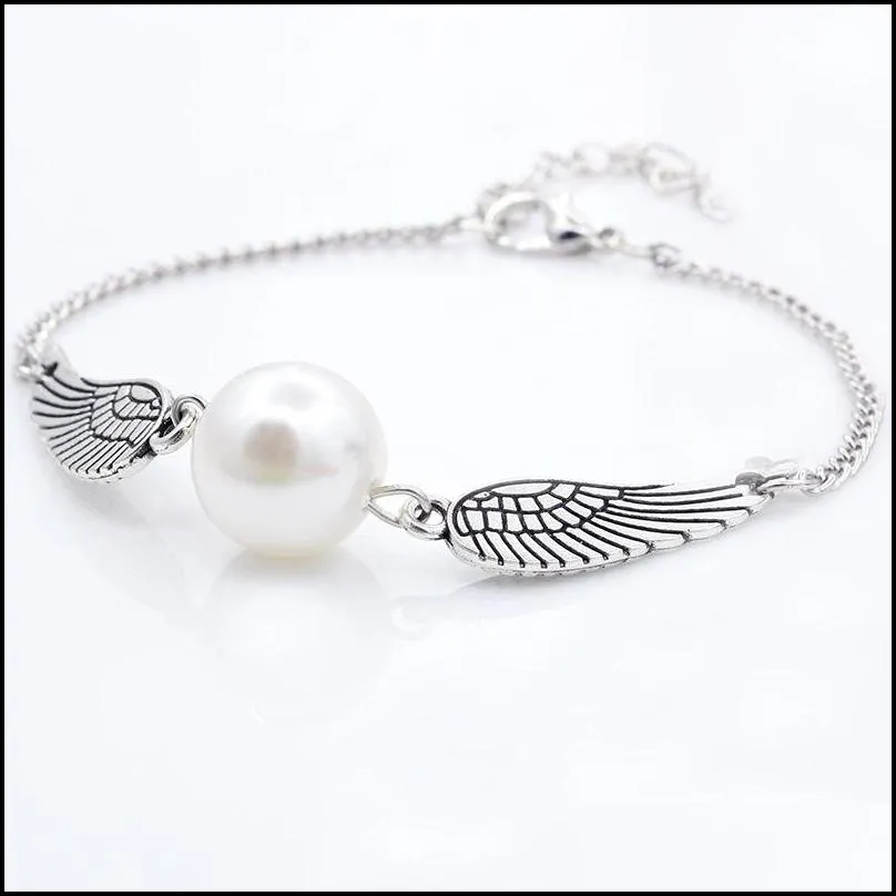 angel wings charm bracelet delicate  simulated pearl bracelet