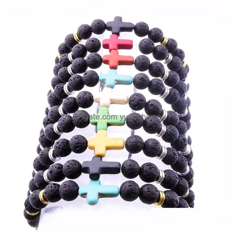  20colors 8mm natural black lava stone beads cross bracelet diy volcano rock  oil diffuser bracelet for women men