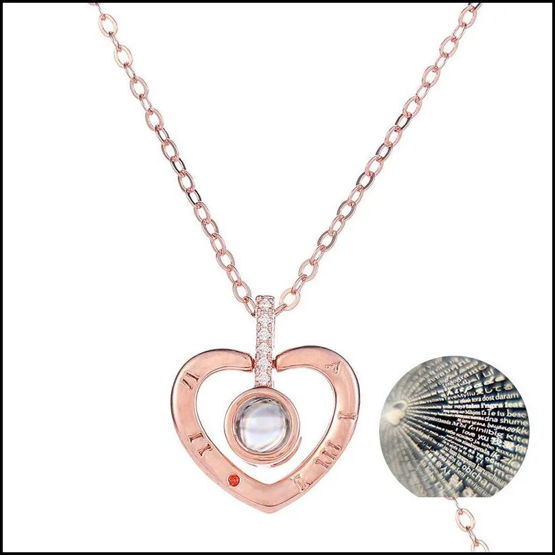 heart necklace romantic women jewelry love memory necklace 100 languages i love you double heart zircon pendant necklaces