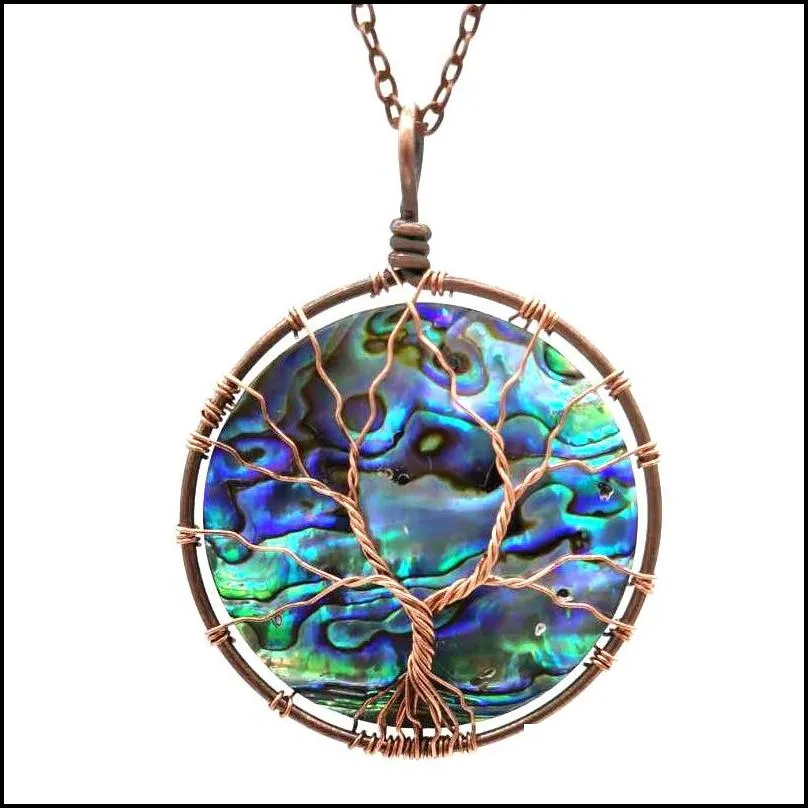 copper wire winding life tree abalone shell necklace energy stone necklace