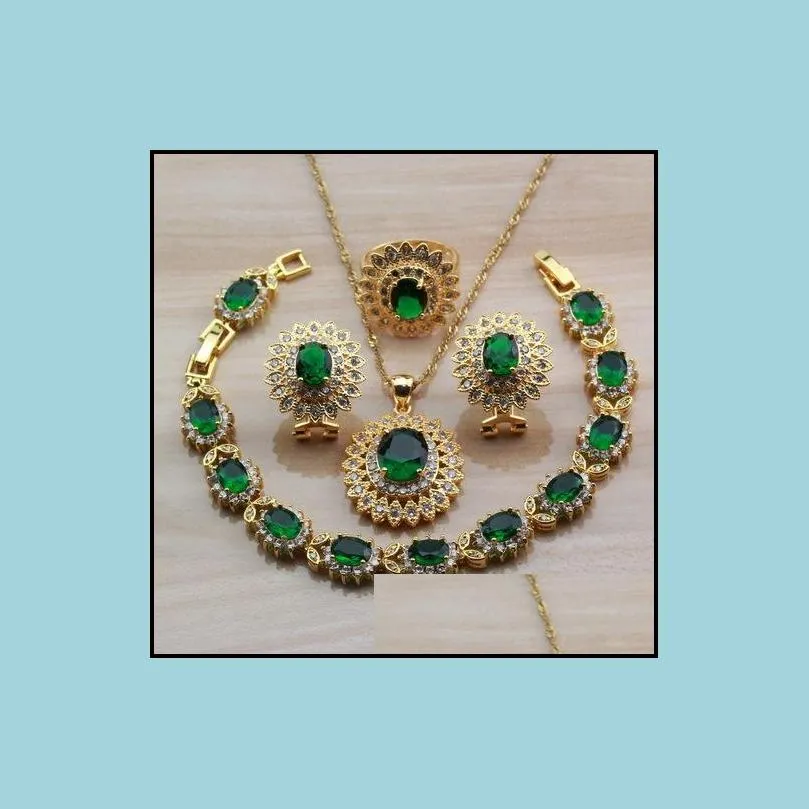 Jewelry Settings Dubai Yellow Gold Color Jewelry For Women Fashion Accessories Green Cubic Zircon Big Flower Sets 201 Drop Delivery Je Dhlg7