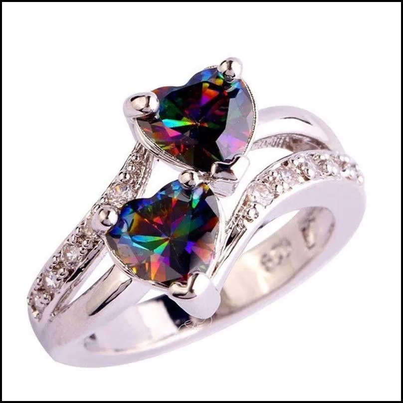 pretty rings mystic rainbow zircon double sterling silver plated birthstone jewelry wedding rings