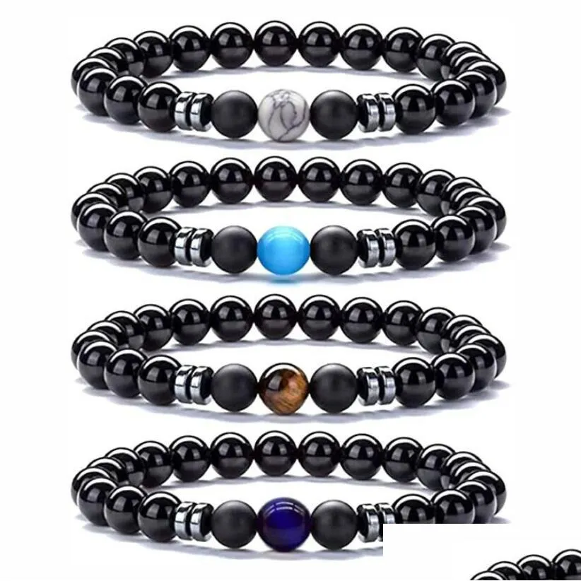 8mm black matted bead bracelet hematite opal tigers eye stone elasticity bracelet for women men jewelry