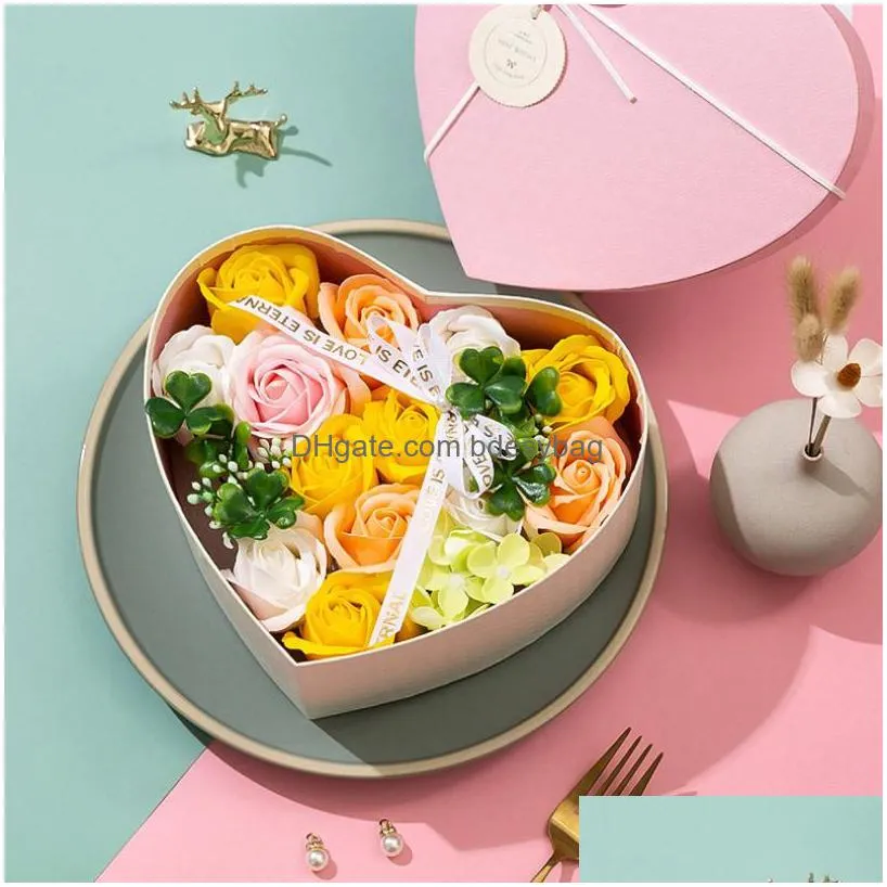 Decorative Flowers & Wreaths Valentines Day Soap Flower Heart-Shaped Rose Flowers And Box Bouquet Wedding Decoration Gift Festival Dro Dhyuq