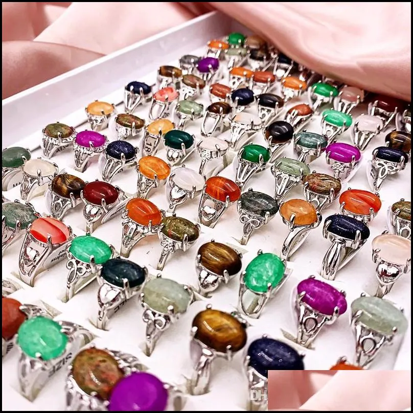 Band Rings Retro 30Pcs/Lot Natural Gem Stone Band Rings Newest Beautif Bohemia Style Mixed Golden Siery Lovers Charm Jewelry Fashion W Dh8Yg