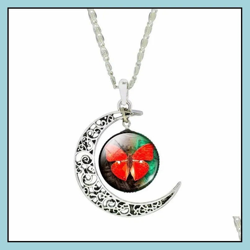 Pendant Necklaces Moon Necklace Galaxy Planet Glass Cabochon Picture Sier Half Statement Chain Choker Necklaces Pendants Drop Delivery Dhczi