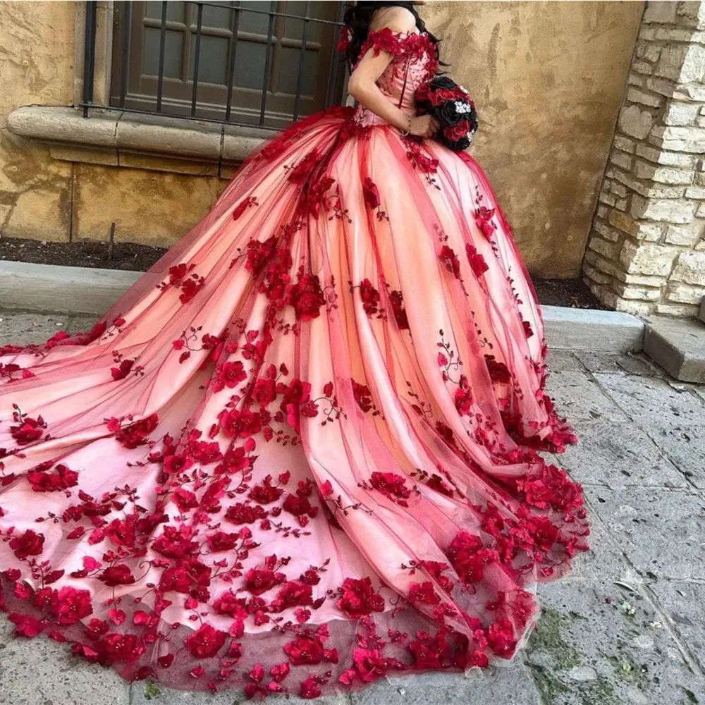 Luxury Water Melon Princess Ball Gown Quinceanera Dresses Sleeves Off the Shoulder Appliques Sweet 15 16 Dress Prom Pageant Gowns Vestidos YD