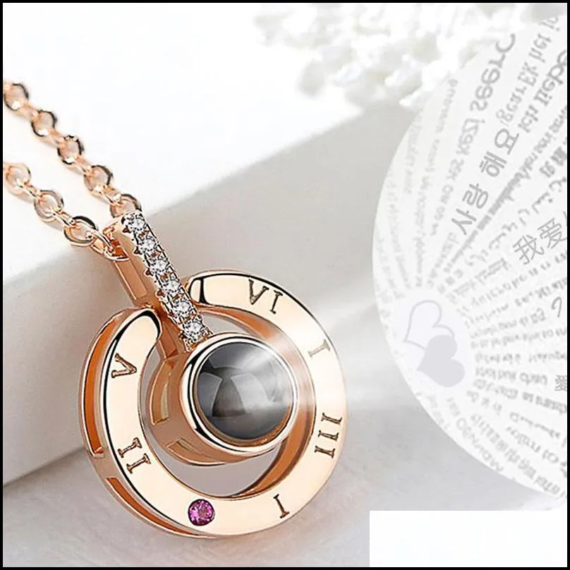 Pendant Necklaces Round Heart Pendant Necklace For Women With Unique Projection Function 100 Language I Love You Necklaces Jewelry Gif Dh9Ya