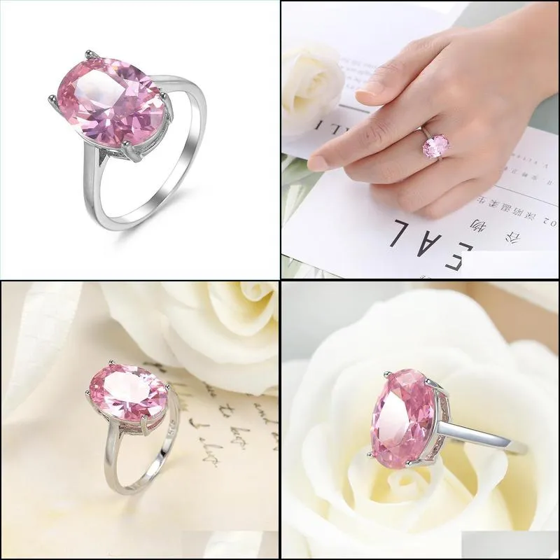 Solitaire Ring Wholesale 12 Pcs Luckyshine Woman Holiday Jewelry Gift Rings Trendy Oval Pink Topaz Cubic Zirconia 925 Sterling Sier Pl Dhhrf